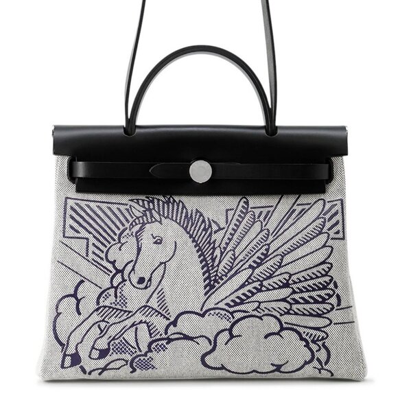 HERMES Herbag Zip Pegasus Pop Size PM/31 Toile H/Vache Hunter Leather Black - Picture 1 of 16